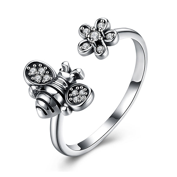 Newest Vintage Zircon Pave Bee Rings for Women Men Silver Plated Adjustable Party Open Rings Honeybee Flower Collecting Rings
