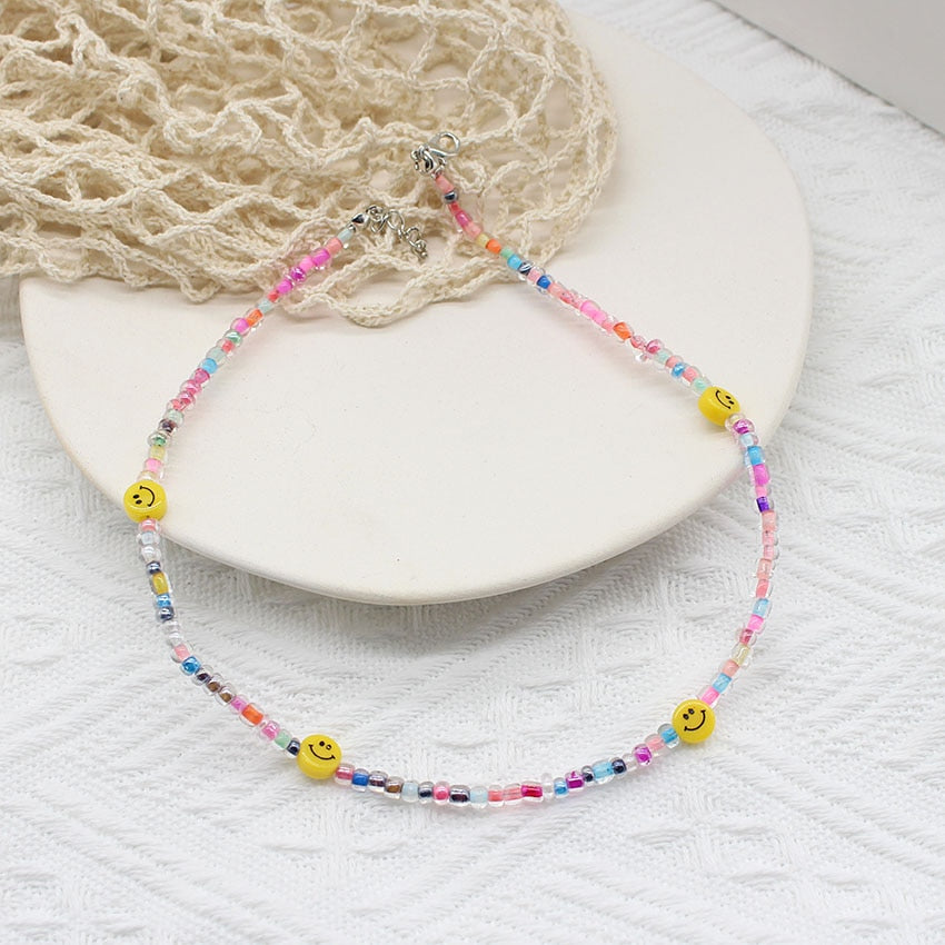 s Bohemian Smiley Beads Short Collar Necklace Handmade Diy  Daisy Colorful Choker For Women Statement Boho Jewelry