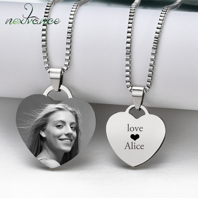Customized Necklaces Engrave Photo Name Necklace Stainless Steel Heart Pendant Chain Necklace Jewelry For Women ID Tag