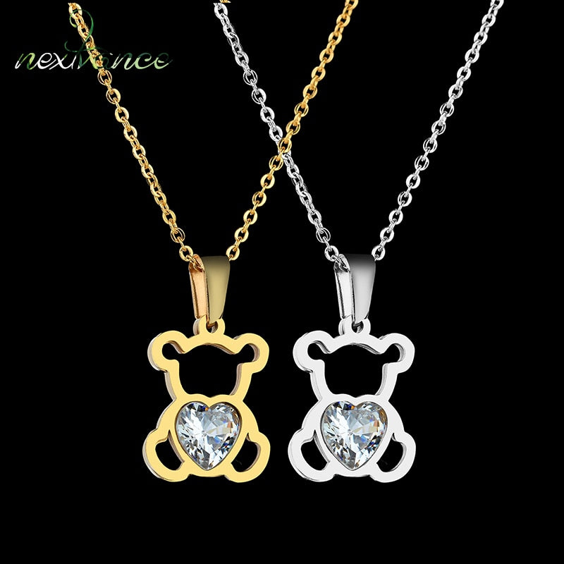 Nextvance Hollow Stainless Steel Bear Pendant Necklace Cute CZ Stone Love Heart  Animal Necklace Girls Statement Jewelry