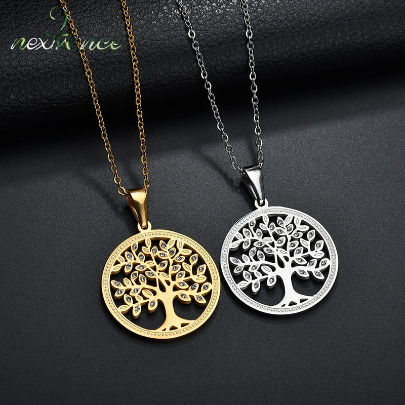 Nextvance Rhinestone Tree Of Life Necklaces Stainless Steel Round Pendant Necklaces For Women Men Gift Collar