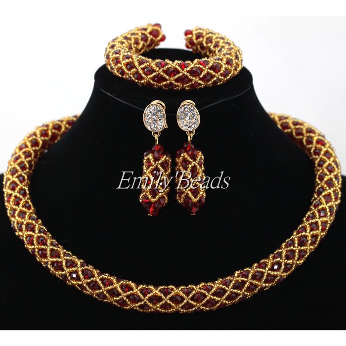 Nigerian Wedding African Beads Jewelry Set Burgundy Wine Crystal Beads Women Costume Necklace Set Gold Seed Beads Plated ALJ384