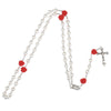 Religious White Simulated Pearl Beads Red Rose Catholic Rosary Necklace Women Long Strand Necklaces Jesus Jewelry Gift