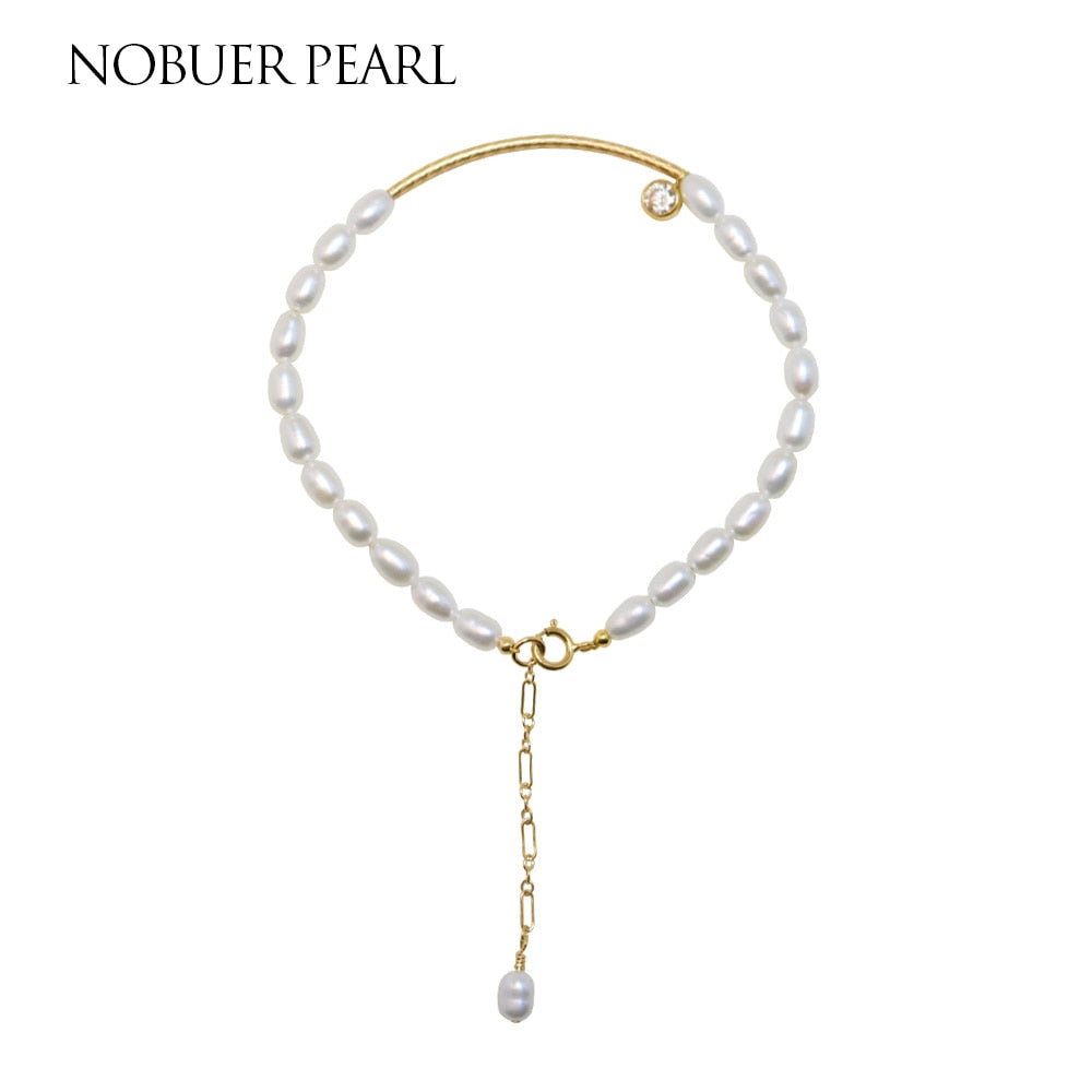 Nob 14K Gold Handmake Real Pearl Chain & Link Bracelets For Women With White Rice Pearl Bangle Bracelets For Party