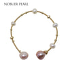 Nob 14K Gold Real Pearl Bracelets For Women With 7-8mm White Pearl And Purple Baroque Trendy Bangles For Women To A Party