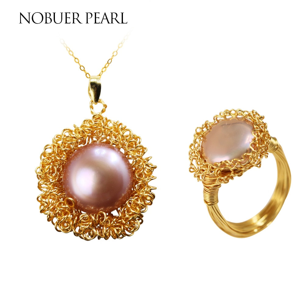 Nob 14KGF Handmade Winding Design Pearl Jewelry Set Pearl Pendant & Pearl RingFor Women Trendy Pearl Fine Jewelry