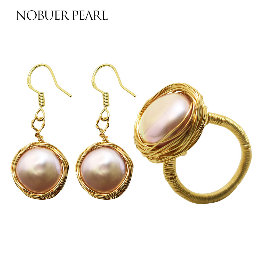 Nob S925 Silver Winding Pearl Earrings & Pearl Rings Jewelry Sets With Purple Button Pearl Jewelry Sets For Women To A Party