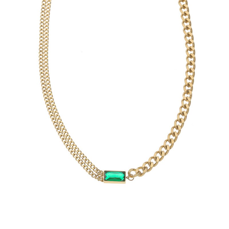 None-fade Stainless Steel 18K Gold Plated Vintage Emerald CZ Charm Creative Asymmetric Cuban Chain Ch