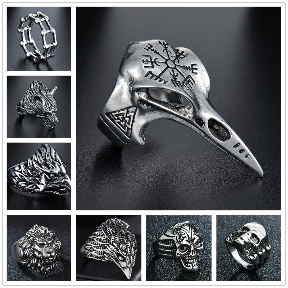 Nordic Mythology Crow Skull Retro Mens Rings Punk for Male Boyfriend Biker Jewelry Creativity Gift