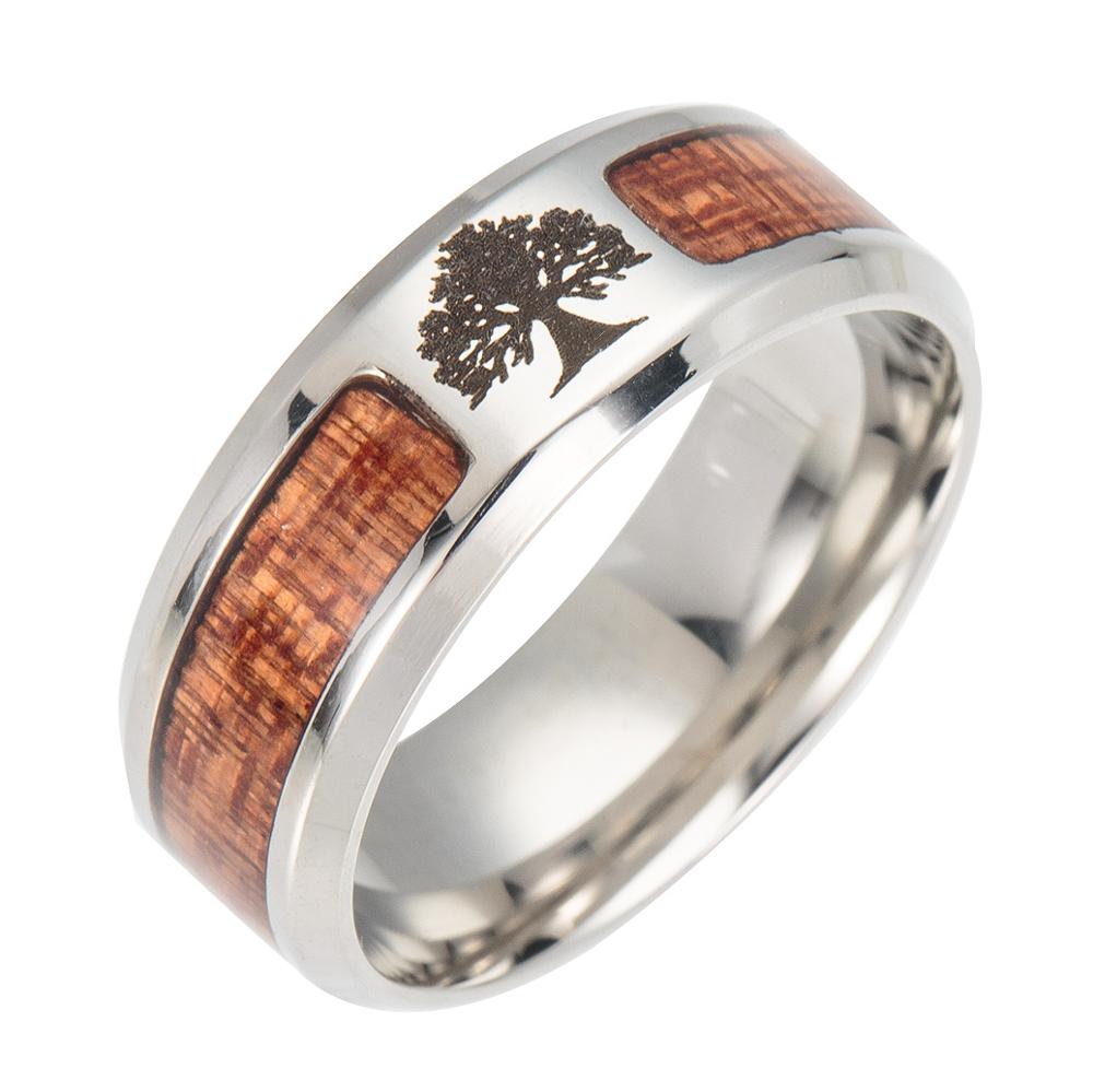Nordic Vikings Runes Amulet Tree of Life Yggdrasil Stainless steel jewelry mosaic wood Semi-circle Ring