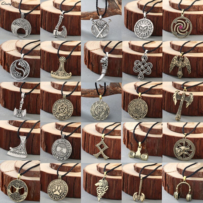 Norse Statement Viking Necklace Men' Pagan Jewelry Wolf Axe Hammer Thor Amulet Symbol Slavic Punk Vintage Women Necklace Gift
