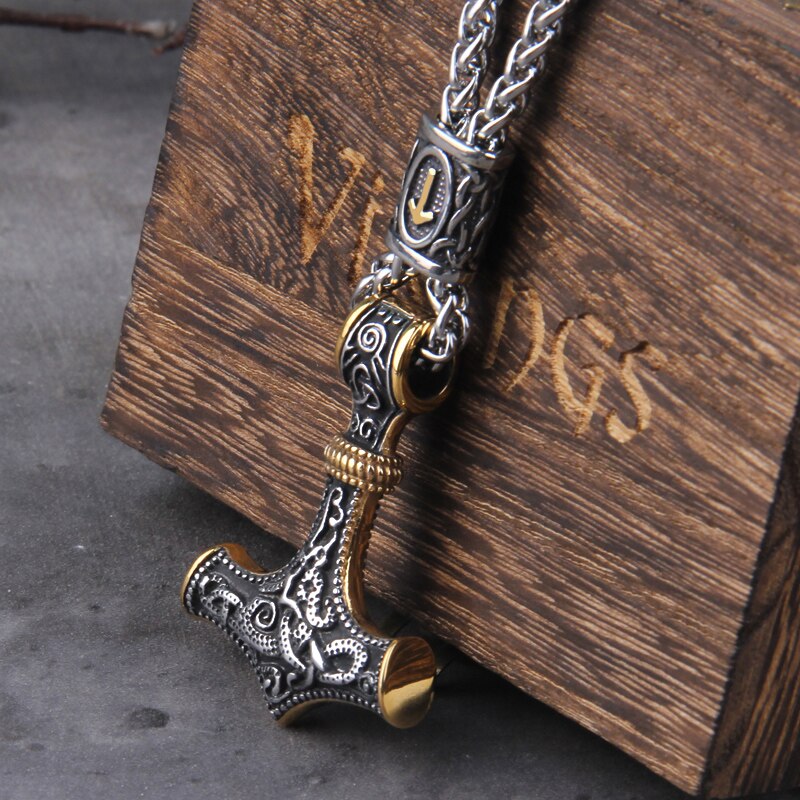 Norse Vikings Thor's Hammer Mjolnir Scandinavian Rune Amulet Necklace Stainless Steel Chain Vegvisir Anchor Pendant Male Jewelry