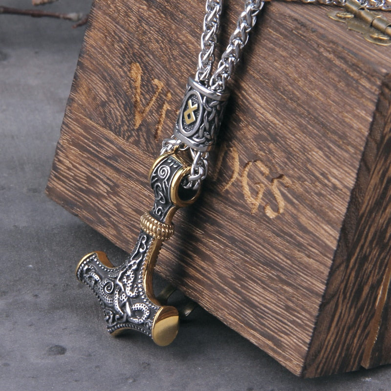 Norse Vikings Thor's Hammer Mjolnir Scandinavian Rune Amulet Necklace Stainless Steel Chain Vegvisir Anchor Pendant Male Jewelry