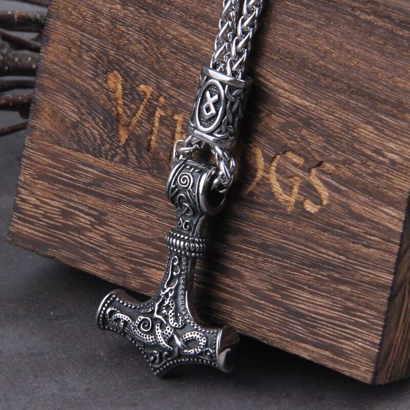 Norse Vikings Thor's Hammer Mjolnir Scandinavian Rune Amulet Necklace Stainless Steel Chain Vegvisir Anchor Pendant Male Jewelry