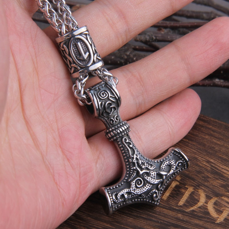 Norse Vikings Thor's Hammer Mjolnir Scandinavian Rune Amulet Necklace Stainless Steel Chain Vegvisir Anchor Pendant Male Jewelry