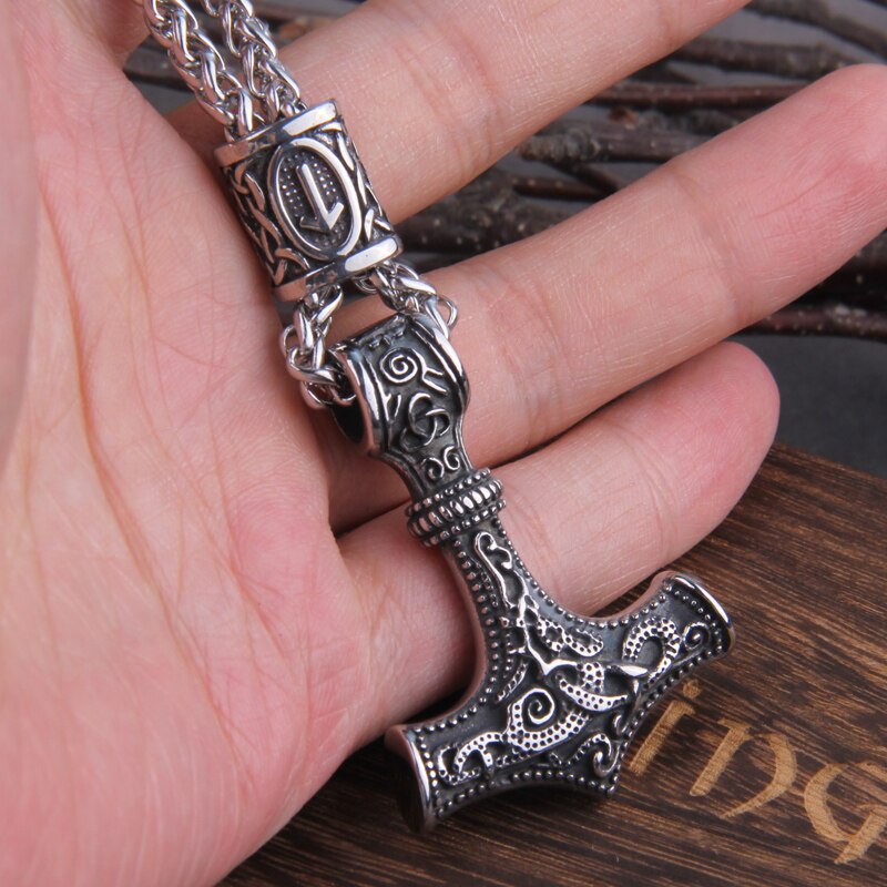 Norse Vikings Thor's Hammer Mjolnir Scandinavian Rune Amulet Necklace Stainless Steel Chain Vegvisir Anchor Pendant Male Jewelry