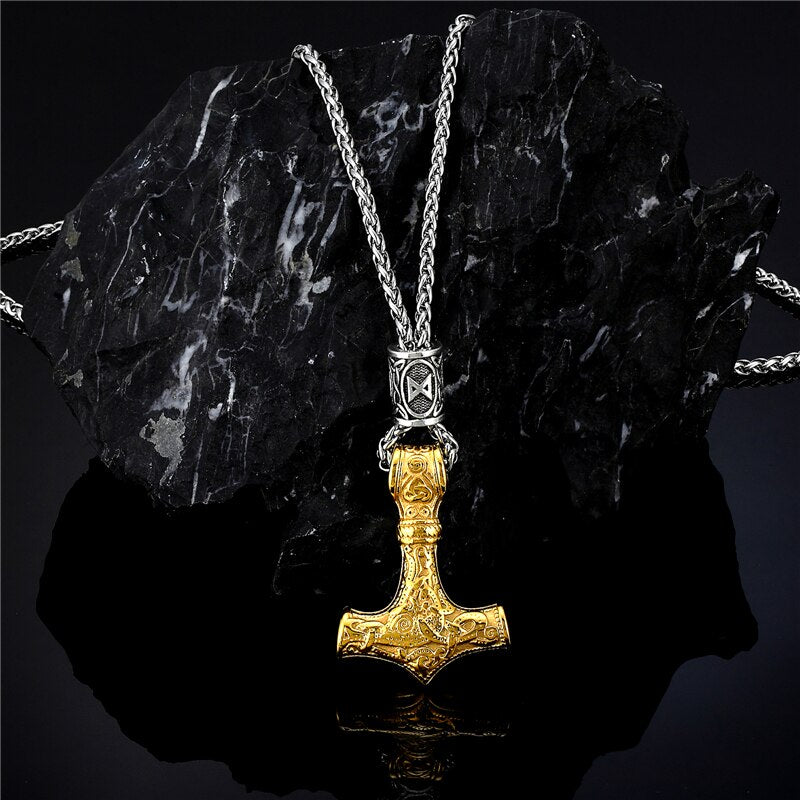 Norse Vikings Thor's Hammer Mjolnir Scandinavian Rune Amulet Necklace Stainless Steel Chain Vegvisir Anchor Pendant Male Jewelry
