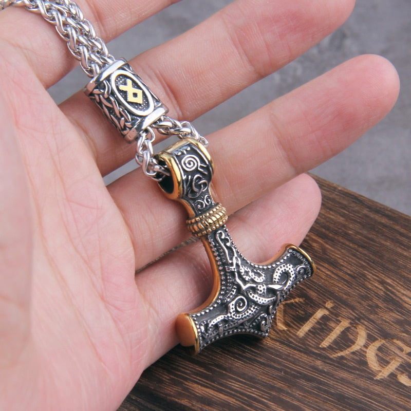 Norse Vikings Thor's Hammer Mjolnir Scandinavian Rune Amulet Necklace Stainless Steel Chain Vegvisir Anchor Pendant Male Jewelry