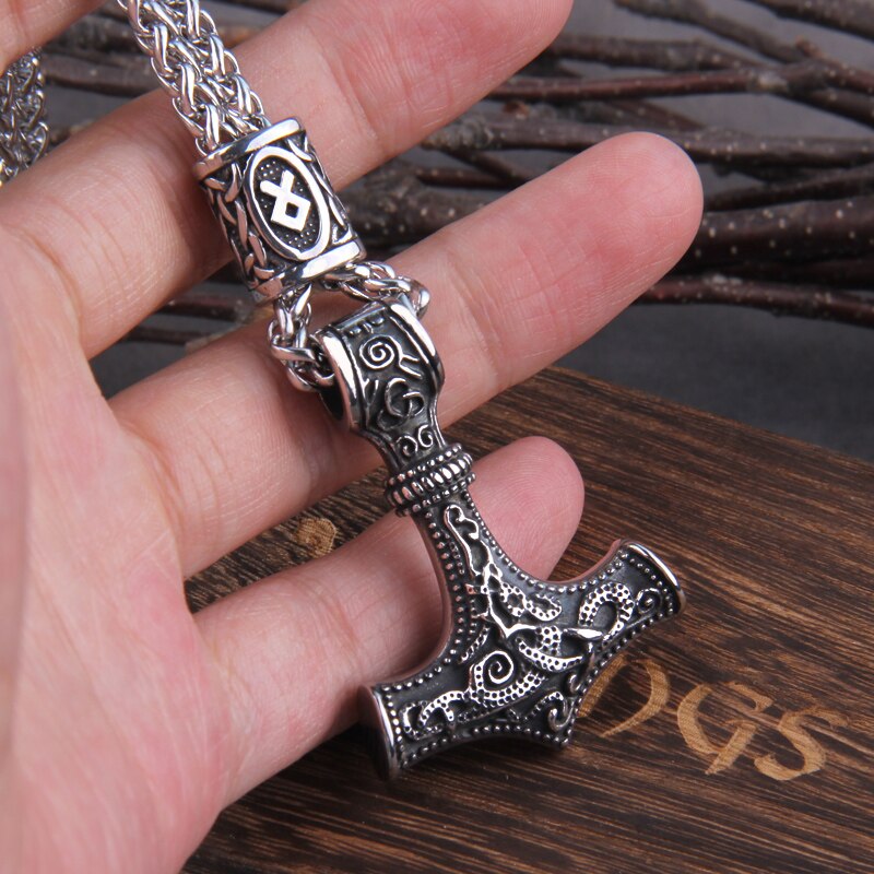 Norse Vikings Thor's Hammer Mjolnir Scandinavian Rune Amulet Necklace Stainless Steel Chain Vegvisir Anchor Pendant Male Jewelry