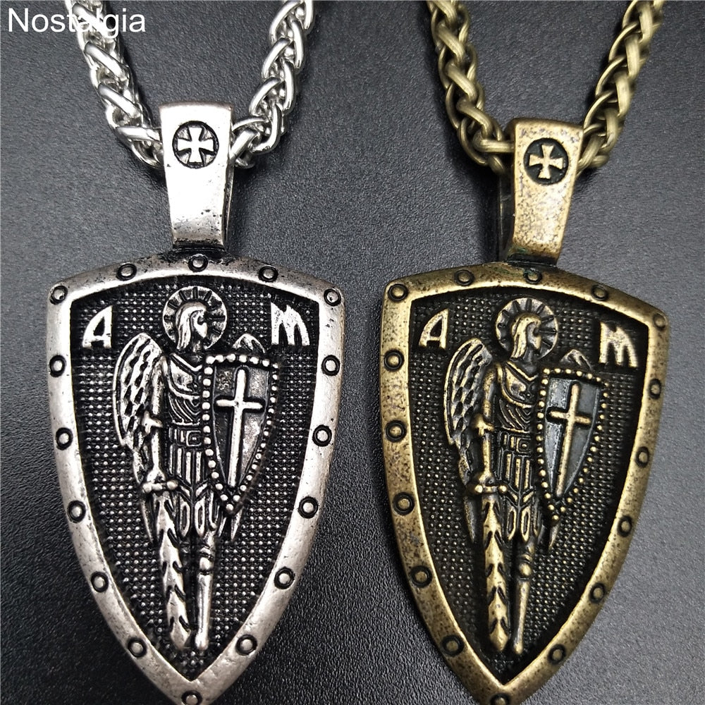 Nostalgia ARCHANGEL ST.MICHAEL PROTECT US Cross Shield Medal Amulet Pendant Necklace