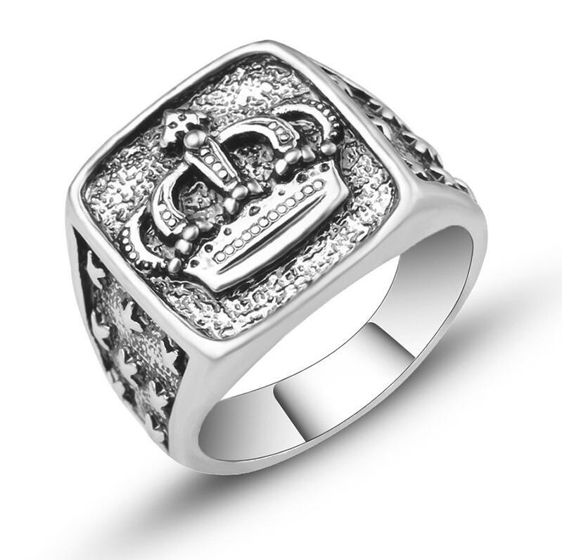 Punk Vintage Silver Color Crown Signet Rings Cute Star Caraved Mens Finger Big Ring For Male Gift Jewelry Anel Bijoux