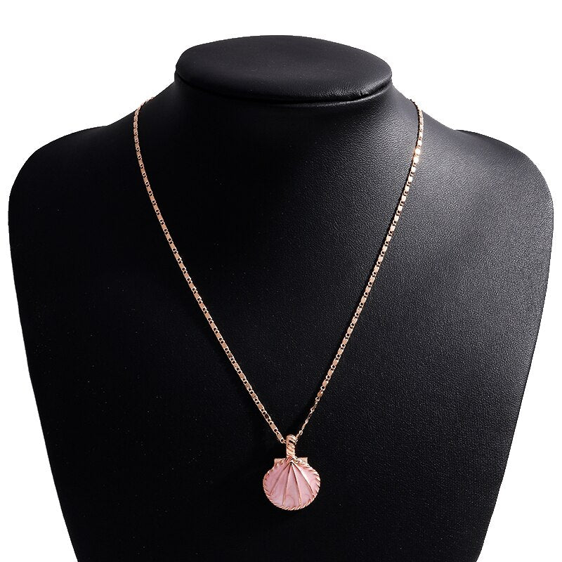 Novelty Pink Blue Enamel Fan Shell Pendants Necklaces Gold Color Chain Choker Necklace for Women Summer Beach Party Jewelry