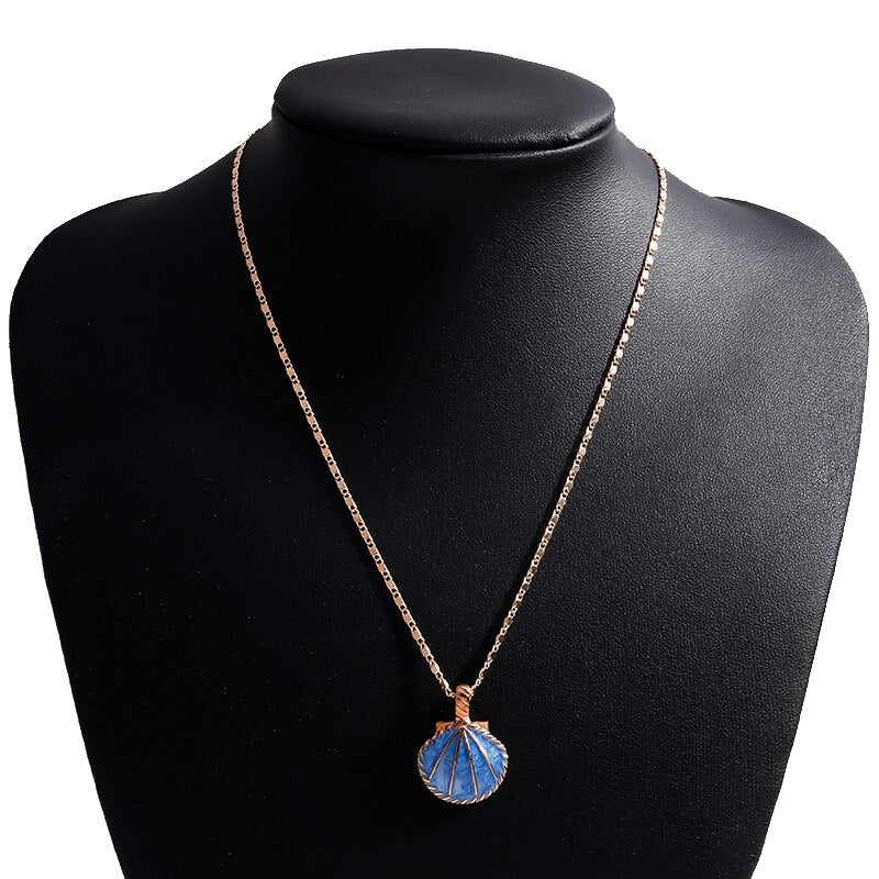 Novelty Pink Blue Enamel Fan Shell Pendants Necklaces Gold Color Chain Choker Necklace for Women Summer Beach Party Jewelry