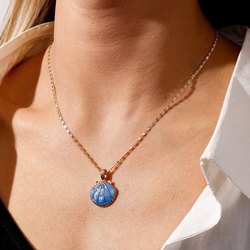 Novelty Pink Blue Enamel Fan Shell Pendants Necklaces Gold Color Chain Choker Necklace for Women Summer Beach Party Jewelry