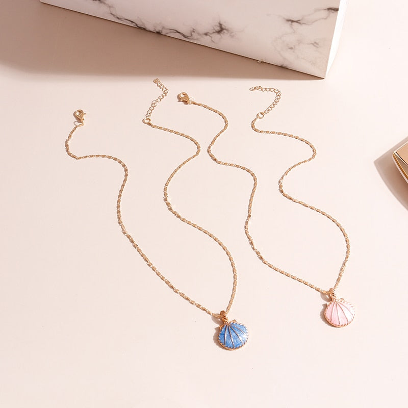 Novelty Pink Blue Enamel Fan Shell Pendants Necklaces Gold Color Chain Choker Necklace for Women Summer Beach Party Jewelry