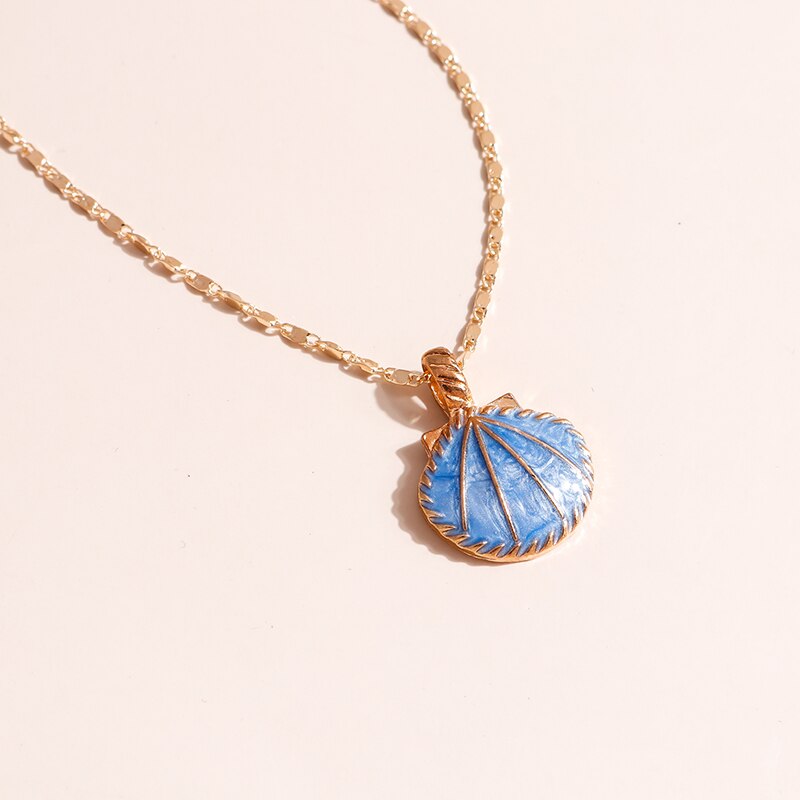Novelty Pink Blue Enamel Fan Shell Pendants Necklaces Gold Color Chain Choker Necklace for Women Summer Beach Party Jewelry