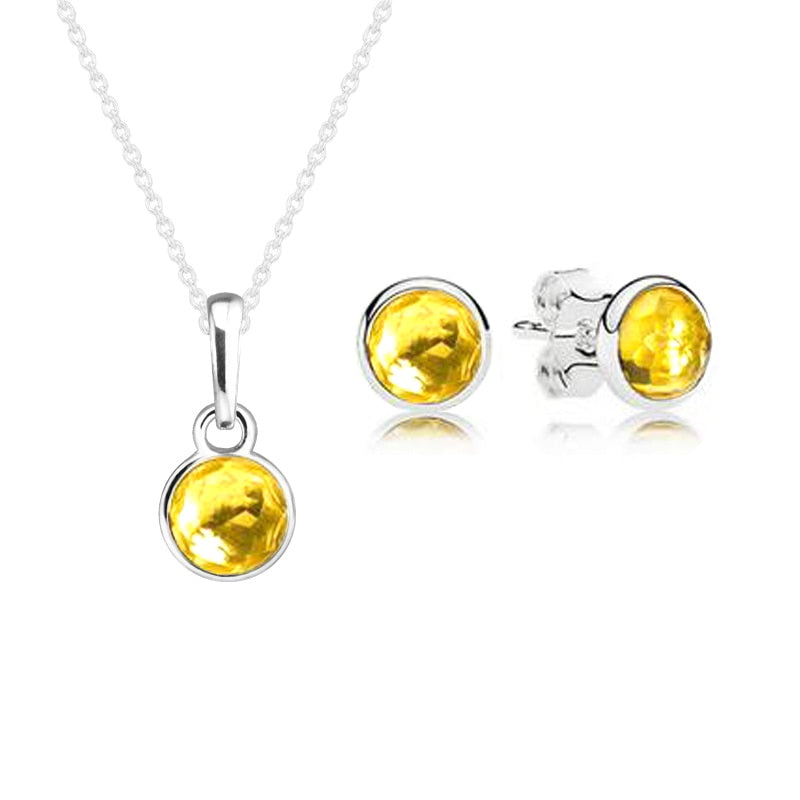 November Droplet Necklace Earrings Stud 100% 925 Sterling Silver Citrine Jewelry Set for Women Gift Fine Jewelry PFS506-11