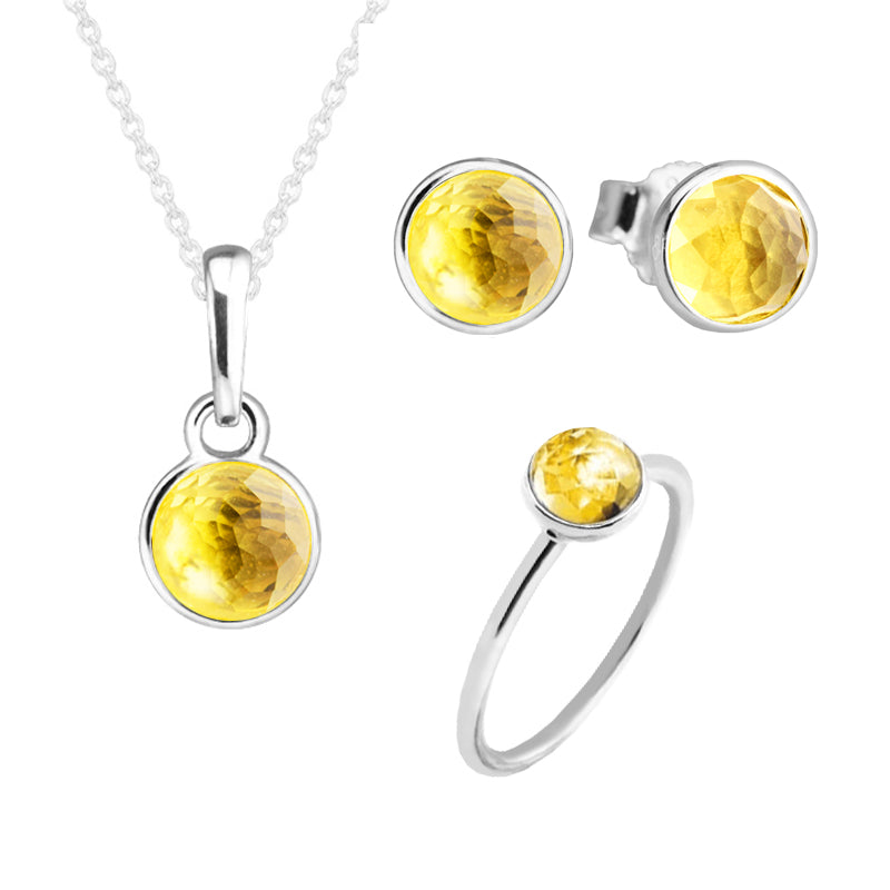 November Droplet Ring Necklace Stud Earrings Jewelry Set 100% 925 Sterling Silver Citrine Stone for Women Fine Jewelry PSR011