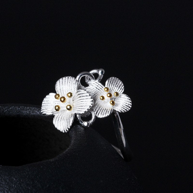 Nutural Handmade Geminate Flower Rings Real 925 Sterling Silver Adjustable Size Grace Rings Fine Jewelry for Women and Girl 2020