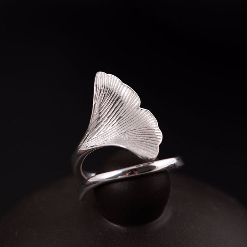 Nutural Handmade Ginkgo Leaf Rings Real 925 Sterling Silver Adjustable Size Grace Rings Fine Jewelry for Women and Girl for Gift