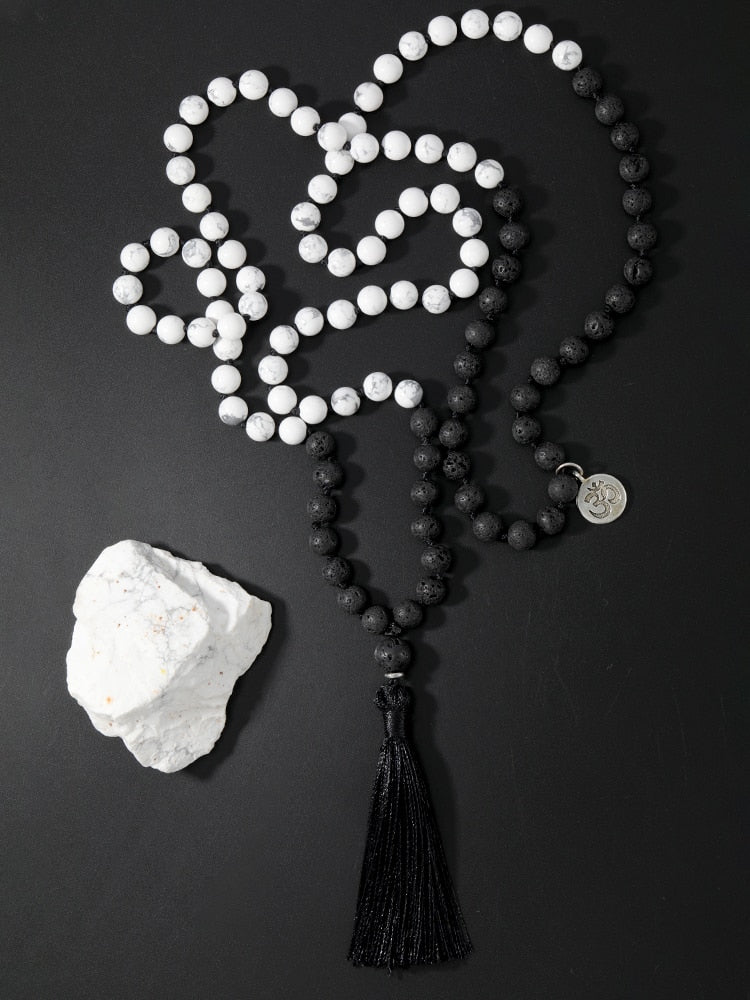 OAIITE Howlite & Lave Rock Natural Stone 108 Beads Mala Necklace Yoga Meditation Necklace for Women Men