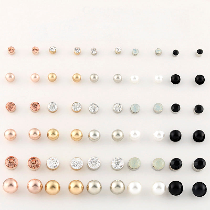 30 Pairs/set Classic Women's Round Ball Metal Pearl Earrings For Women Girl Gifts Crystal Stud Earring Sets Mix Jewelry