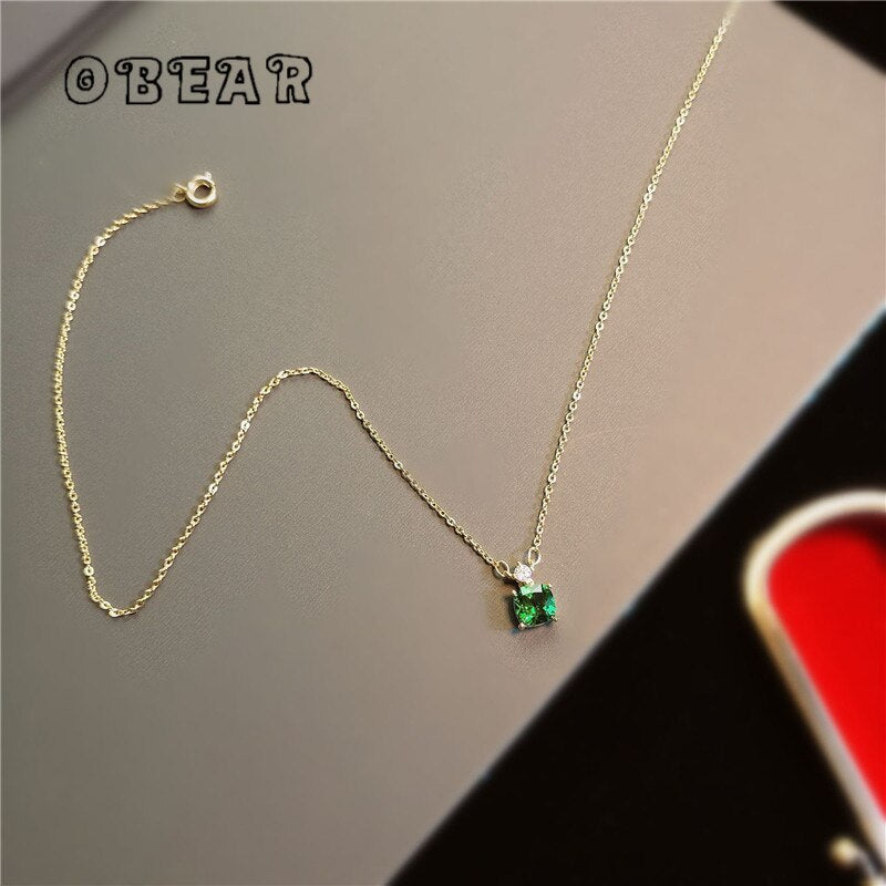 OBEAR 14k Real Gold Plating Korean Geometric Square Zircon Pendant Necklace Women High Quality  Party Jewelry
