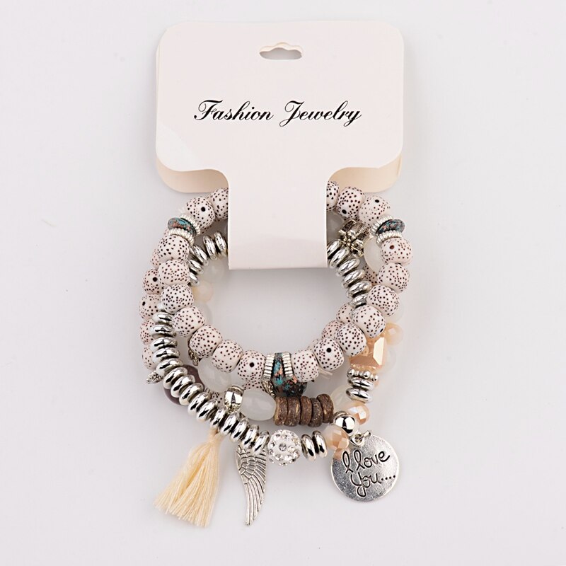 OIQUEI Vintage 4Pcs/Lot Women Bracelets Set Bohemia Charm CZ Hand Natural Stone Beads Tassel Pendents Bracelets Pour Les Femmes