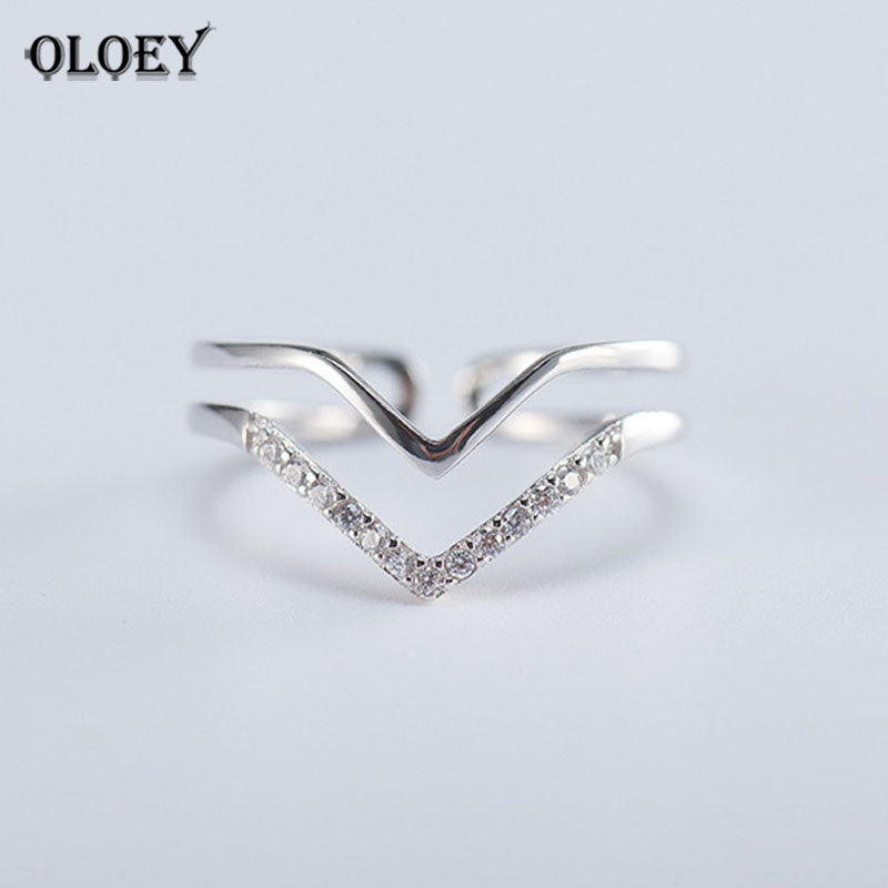 100% 925 Sterling Silver Triangle Rings For Women Finger Double Letter V Shape Geometric Ring Bague Fine Jewelry MR480