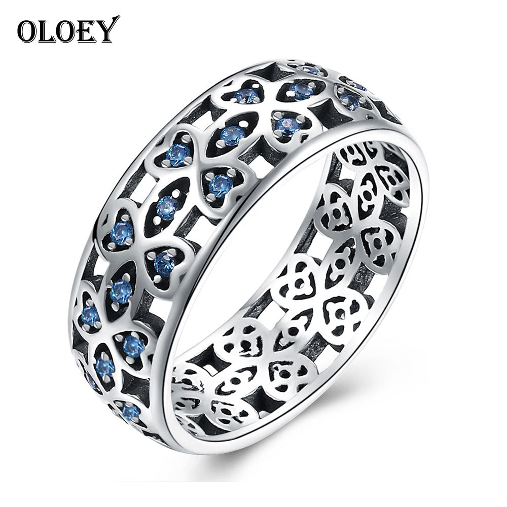 100% Real 925 Sterling Silver Rings for Women Sweet Clover Blue CZ Finger Ring Engagement Fine Accessories Jewelry YMR030
