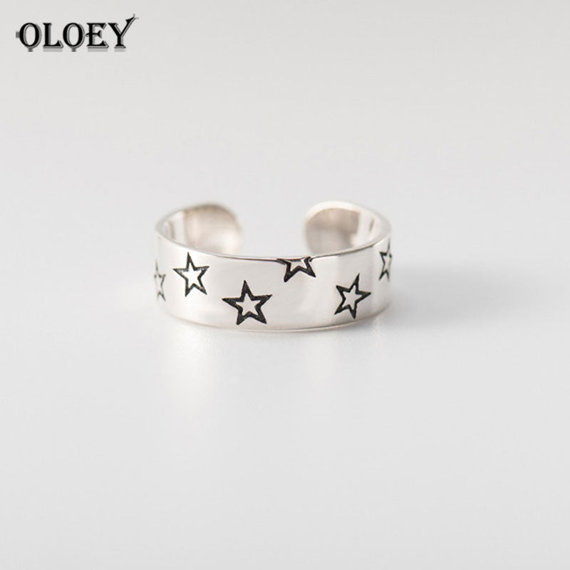 100% Real 925 Sterling Silver Stackable Ring for Women Vintage Stars Design Open Adjustable Rings Fine Jewelry Gift YMR397