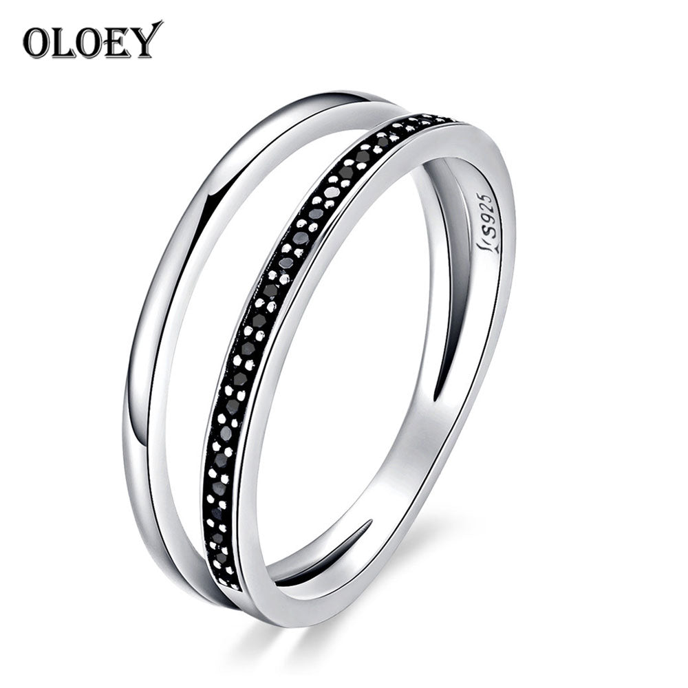 Double Circle Black Clear CZ Stackable Finger Ring Women Real 925 Sterling Silver Fine Jewelry Mother's D Gift YMR149