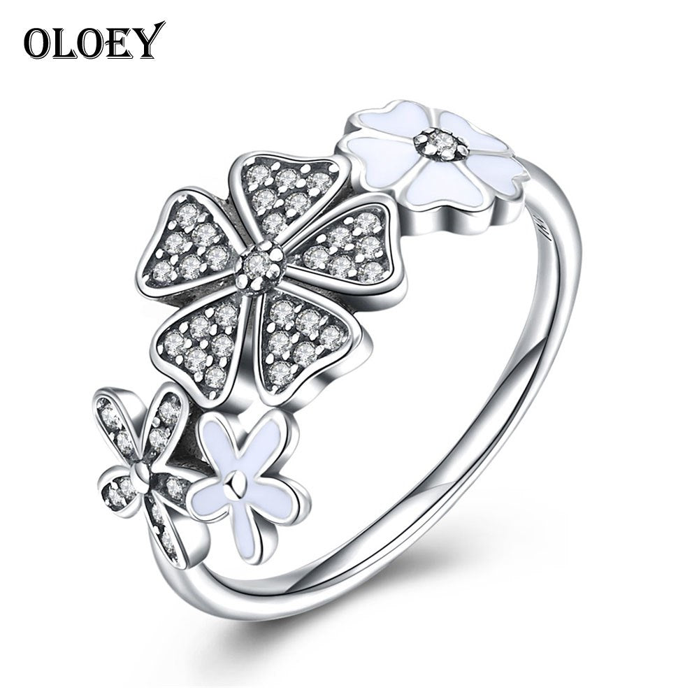 Fine Jewelry Ring Real 925 Sterling Silver Shimmering Bouquet White Enamel & Clear CZ Flower Finger Rings for Women YMR034