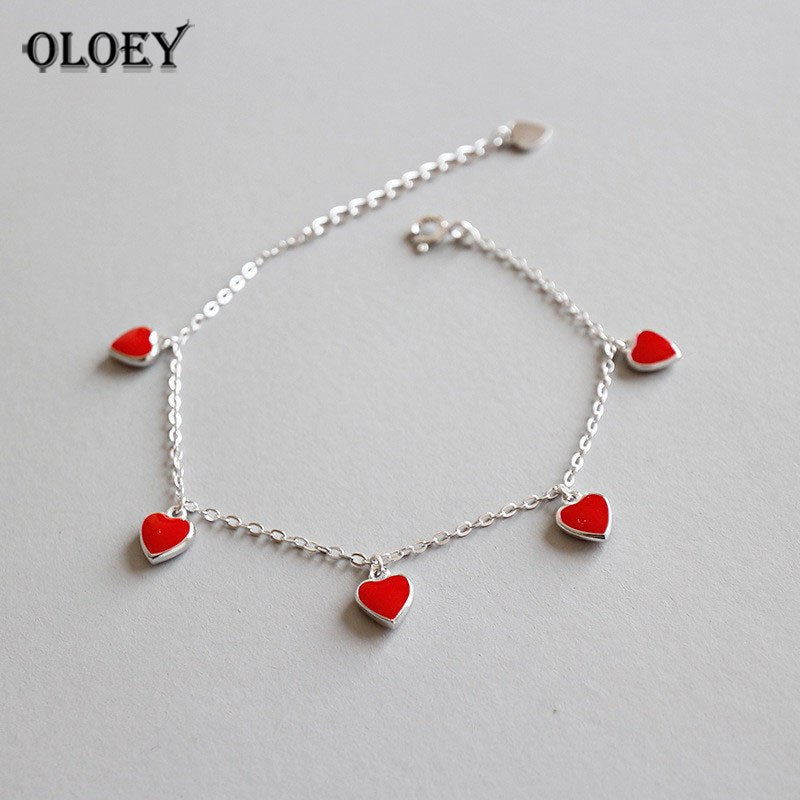 Genuine 925 Sterling Silver Bracelet for Women with Glue Red Heart Charm Bracelets Party Sterling-silver-jewelry YMB041