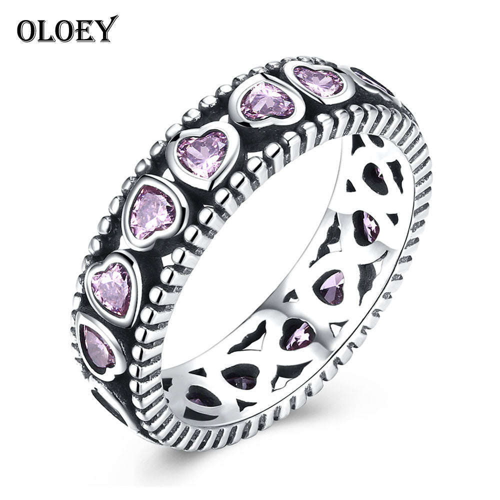 Real 925 Sterling Silver Stackable Ring Radiant Heart Pink Crystal CZ Finger Rings for Women Wedding Fine Jewelry YMR045