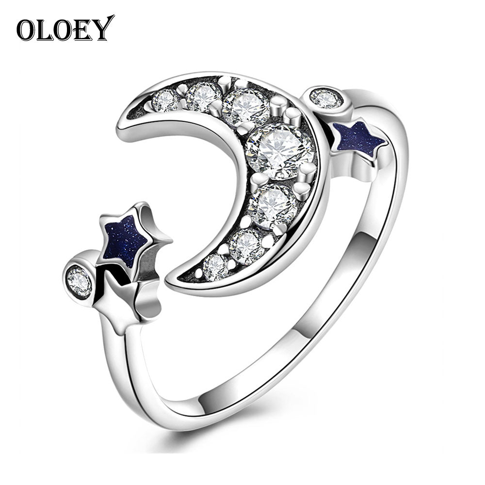 Rings Real 925 Sterling Silver Crescent Moon & Star Dazzling CZ Open Finger Ring for Women Engagement Fine Jewelry YMR033