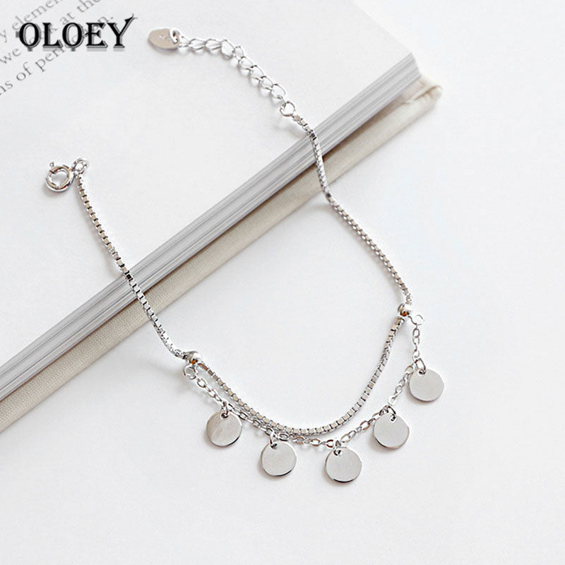 S925 Silver Bracelets Women Double Layered Tassel Small Wafer Personality Smooth Box Chain Bracelet Fine Jewelry YMB017