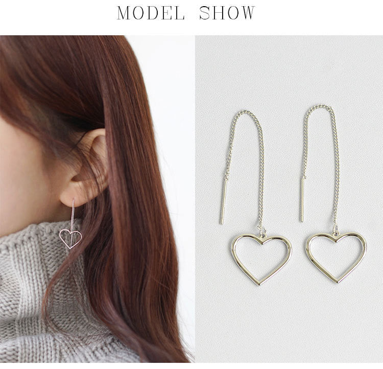 Simple Long Dangle Drop Earrings for Women Real 925 Sterling Silver Chic Hollow Heart Earring Fine Jewelry Gift YME089