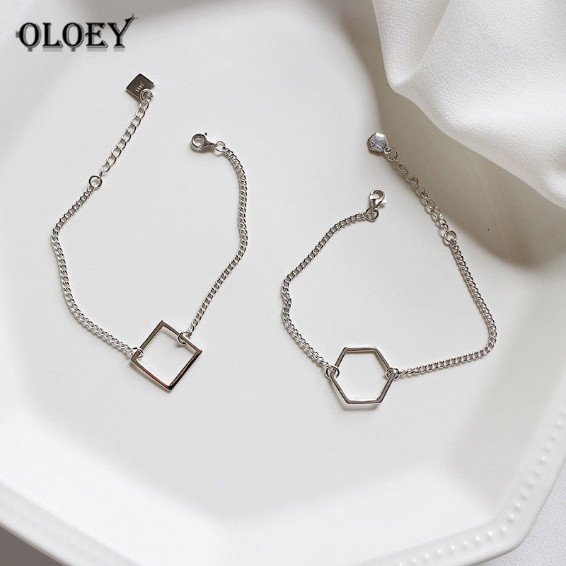 Smple 925 Sterling Silver Bracelets for Women Geometric Hexagonal & Square Hollow Link Chain Bracelet Fine Jewelry YMB022