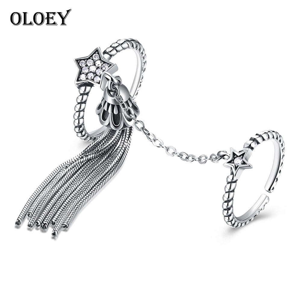 Star & Tassel CZ Double Layer Finger Ring for Women Vintage Real 925 Sterling Silver CZ Rings Fine Jewelry Gift YMR047